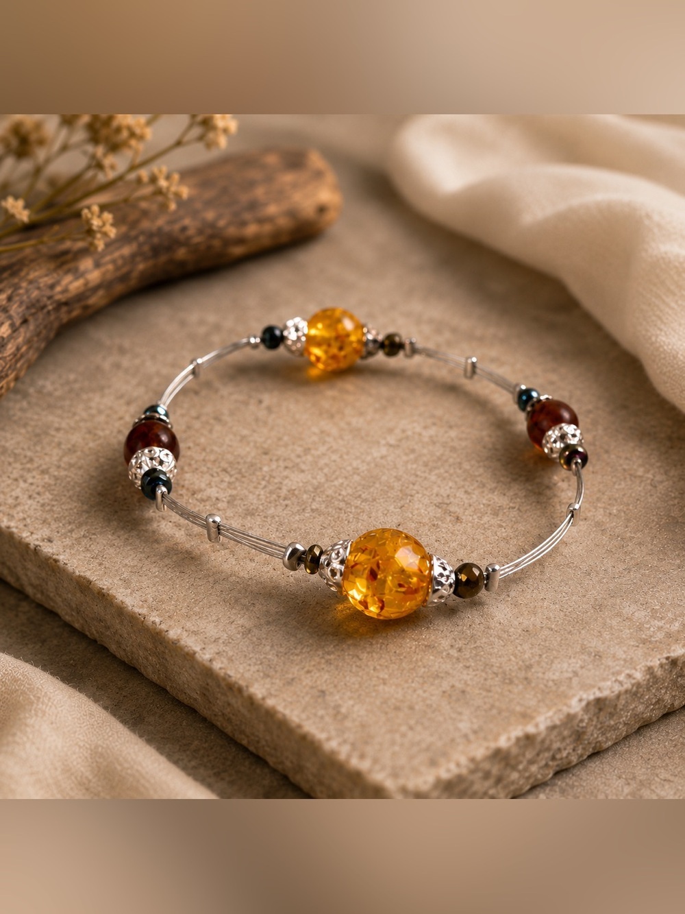 925 Sterling Silver Amber Beaded Bracelet 8” | Earthy Boho Gemstone Wire Bangle